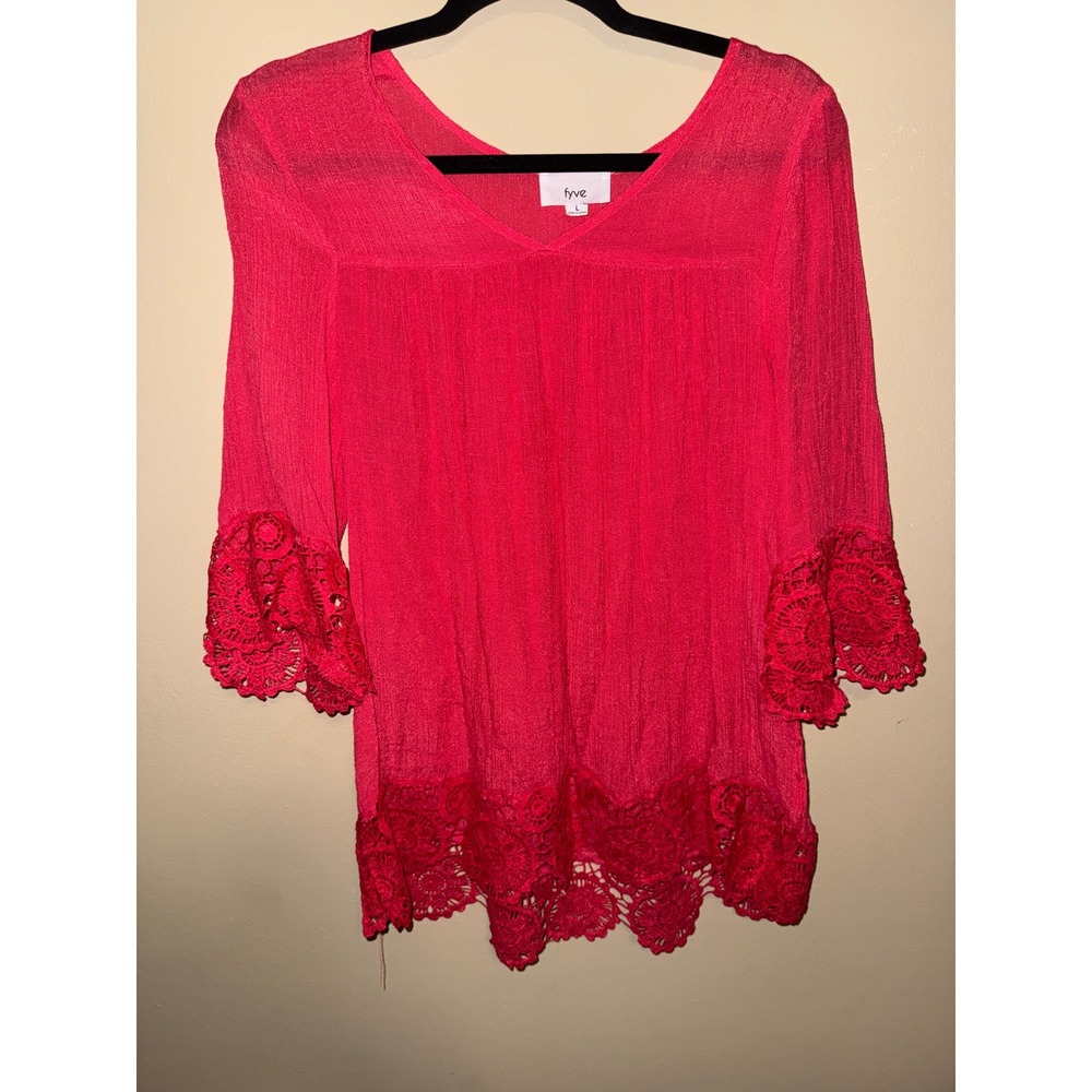 Womens Pink Crochet Lace Trim Bell Sleeve V-Neck Gauze Boho Blouse L Festival